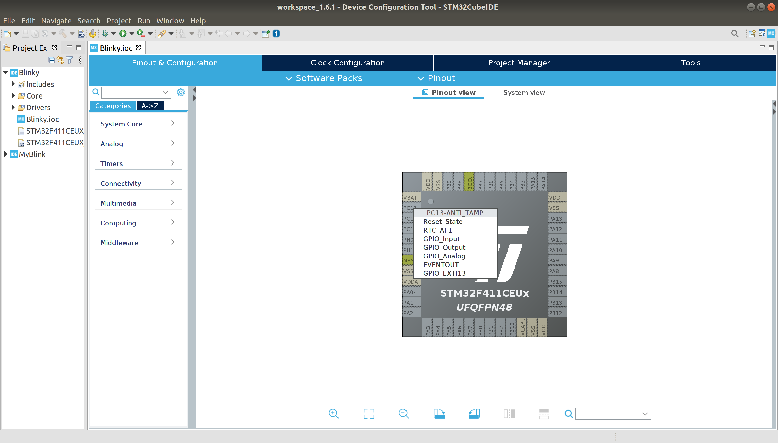 STM32Cube IDE MCU configuration page after left-clicking